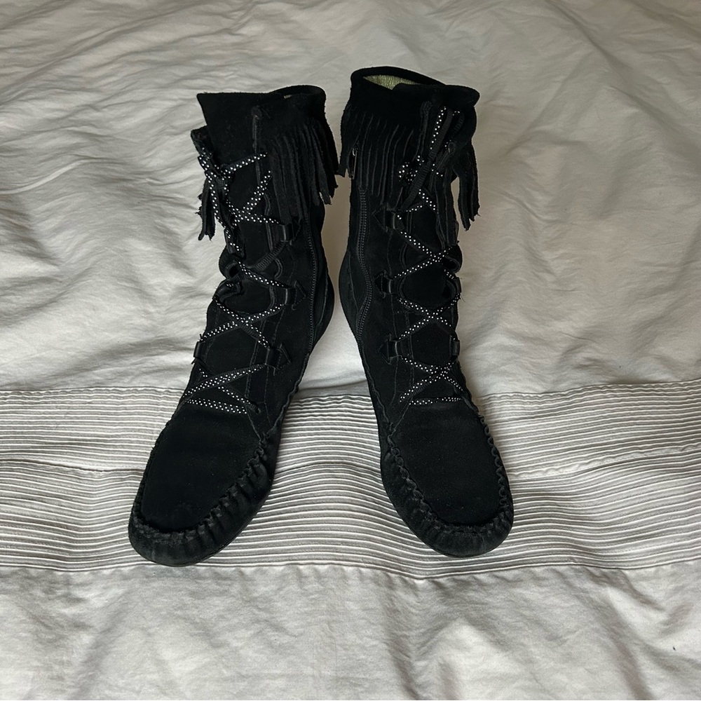 Black Suede Fringe Booties